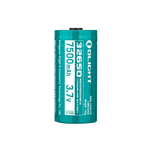 Olight 32650 rechargeable Li-ion battery, 7500mAh 3.7V, over-charge protection.