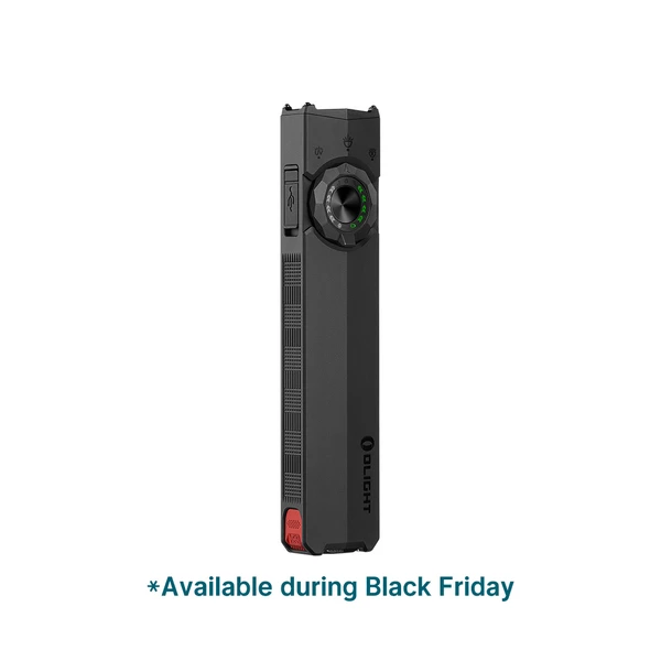 Olight sleek black flat EDC flashlight with rotary switch and USB-C port for Black Friday sale.