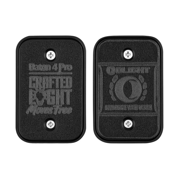 Olight Baton 4 Pro Black Edition magnetic charging case front and back panels with engraved "CRAFTED FOR Moves Trees" and "ILLUMINATE YOUR WORLD" text.