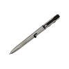Sleek silver bolt-action tactical pen with integrated pocket clip LED flashlight on black background