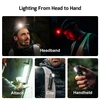 Multipurpose flashlight: wearable on head, attachable, clipped to backpack, or handheld for versatile lighting.