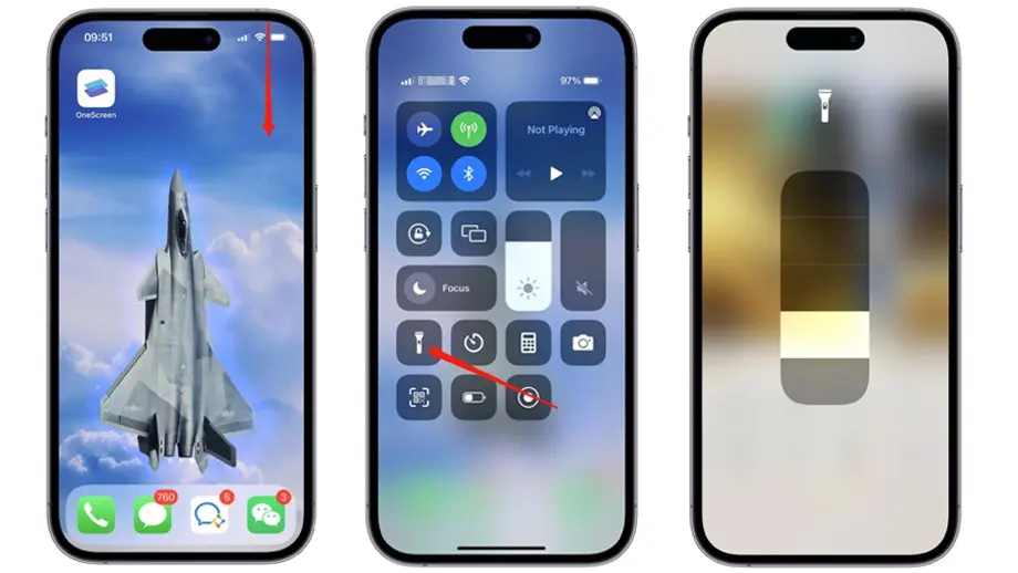 How to turn the flashlight on and off on the iPhone?