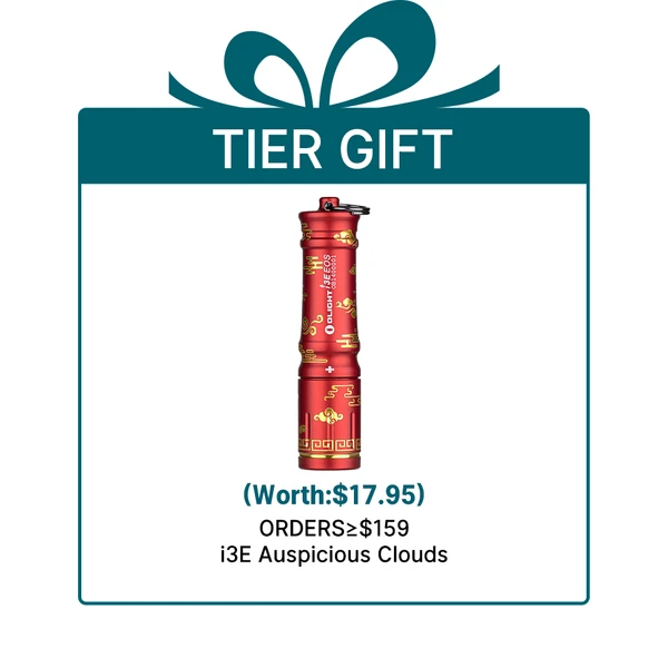 Red Olight i3E EOS Auspicious Clouds flashlight, tier gift for orders $159+.