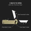 Diagram showing 3 ways to open a folding pocket utility knife using a button lock, thumb stud, and flipper.