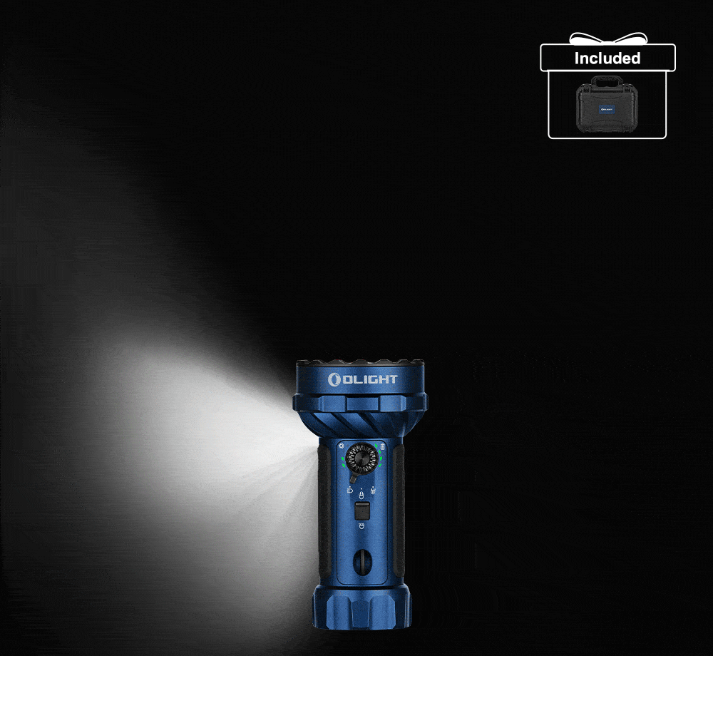 Olight blue flashlight with strong beam, included hard case, and gift coin.