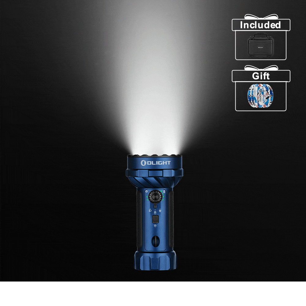 Blue Olight flashlight illuminating with strong beam, included hard case and free gift shown.