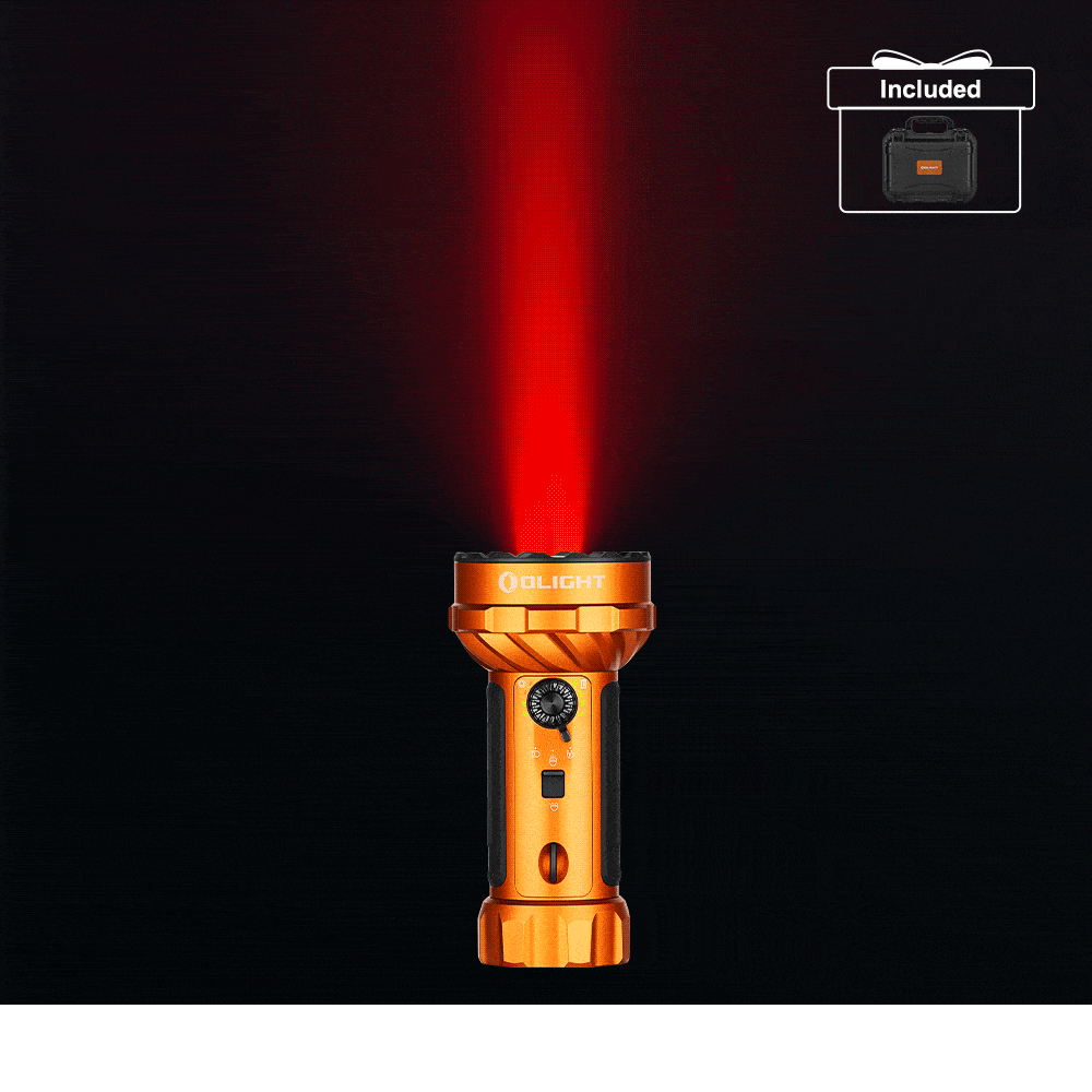 Olight Marauder 2 orange high-lumen tactical flashlight emitting a bright beam, with included case and gift shown.