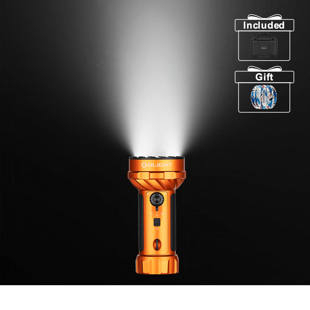 Orange Olight Marauder 2 flashlight with included case and gift soccer ball