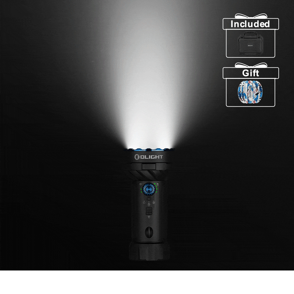 Olight X-Rider flashlight shining bright light. Included hard case and bonus gift shown.