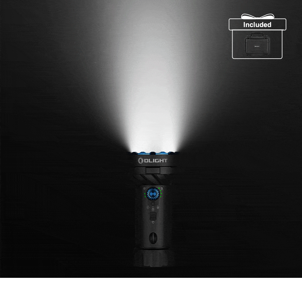 Olight X7R Marauder flashlight with bright beam, charging case included, illuminating a dark background