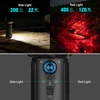 Tactical flashlight showcasing 200-lumen side light mapping and 400-lumen red light with 120-meter range.