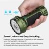 Hand rotating the knob of an Olight Marauder Mini 2 green flashlight to show the smart lockout and unlocking feature