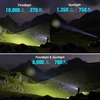 Flashlight beam comparison showing floodlight, spotlight, and combined modes with lumen and meter specifications in a valley
