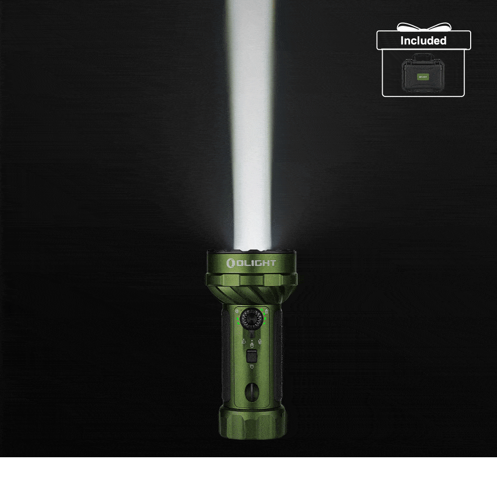 Olight green high-powered flashlight emitting bright white beam with included protective carrying case icon