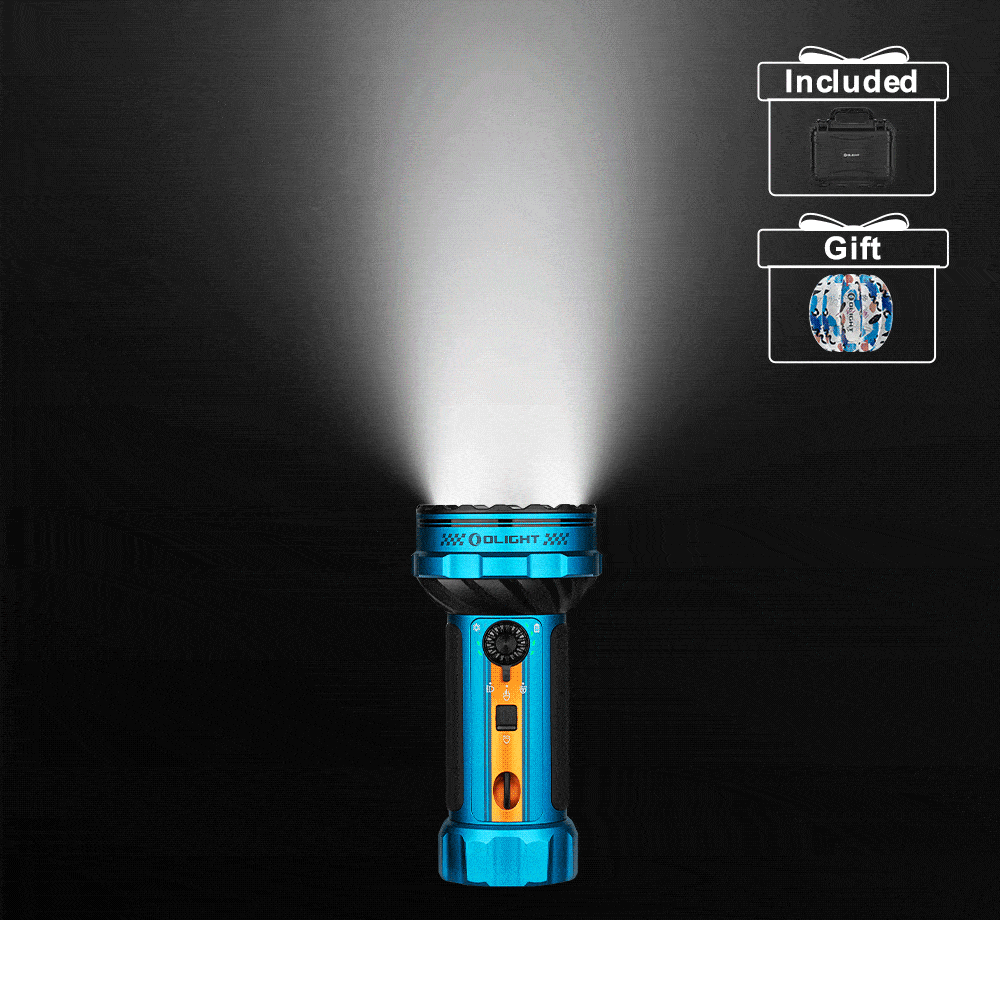 Olight Marauder 2 LED flashlight illuminating, shown with included case and gift.