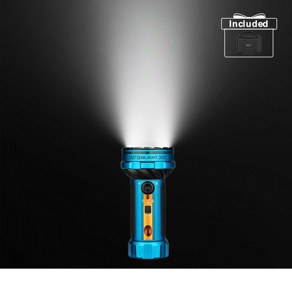 Olight Marauder 2 LED flashlight illuminating, shown with included case and gift.