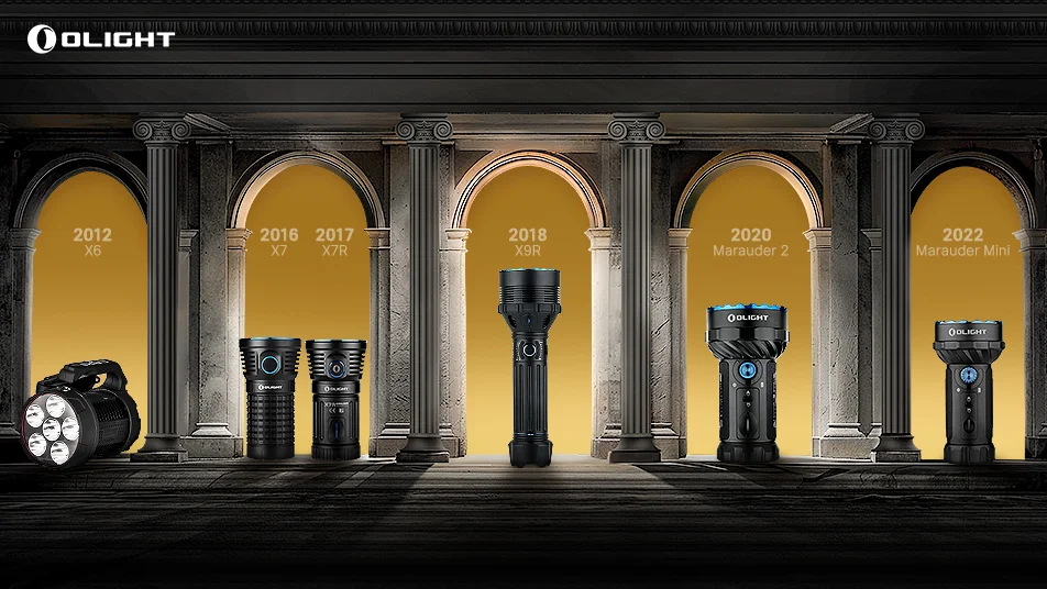Olight flashlight evolution: X6 (2012), X7 (2016), X7R (2017), X9R (2018), Marauder 2 (2020), Marauder Mini (2022).