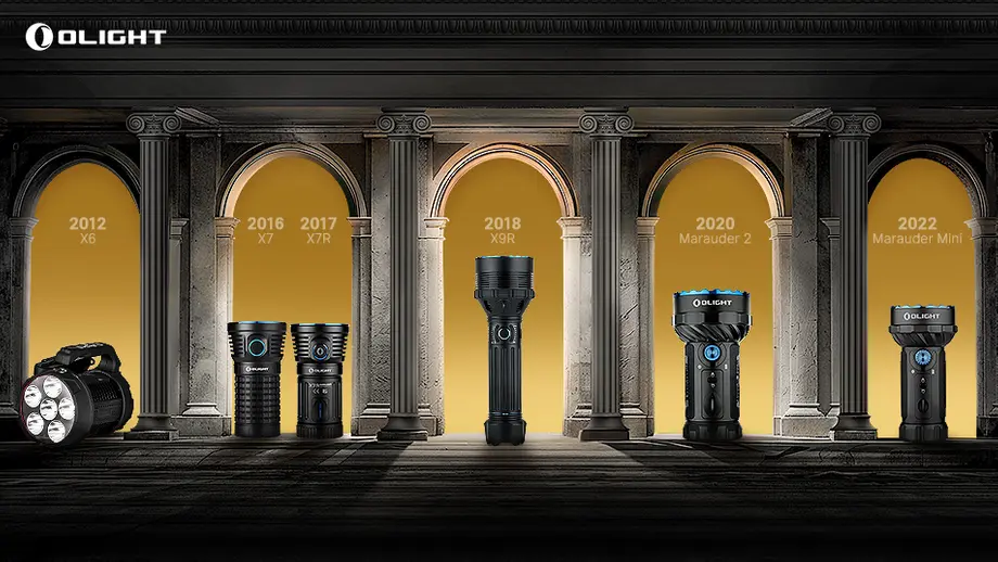 Olight flashlight evolution: X6 (2012), X7 (2016), X7R (2017), X9R (2018), Marauder 2 (2020), Marauder Mini (2022).