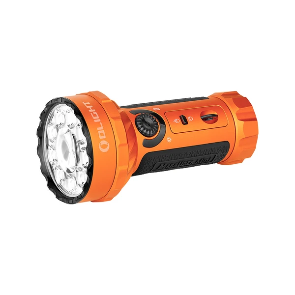 Orange Olight Marauder Mini powerful LED flashlight with rubber grip and multi-LED bezel on white background.of_