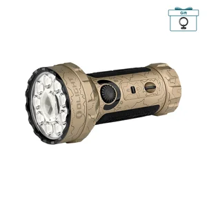 Olight Marauder Mini in desert tan, compact high-lumen LED flashlight with floodlight and spotlight, tactical gear