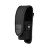 Black Olight tactical flashlight holster with velcro flap closure and button snap strap on black background