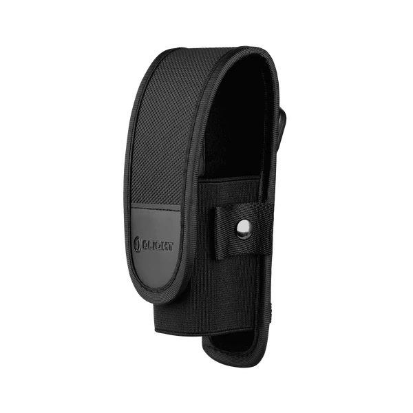 Black Olight tactical flashlight holster with velcro flap closure and button snap strap on black background