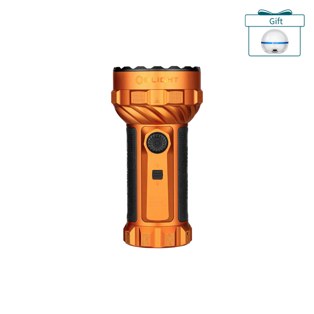 Olight orange high-powered searchlight flashlight with black grip panels and textured rotary switch on white background