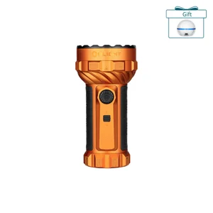 Olight orange high-powered searchlight flashlight with black grip panels and textured rotary switch on white background