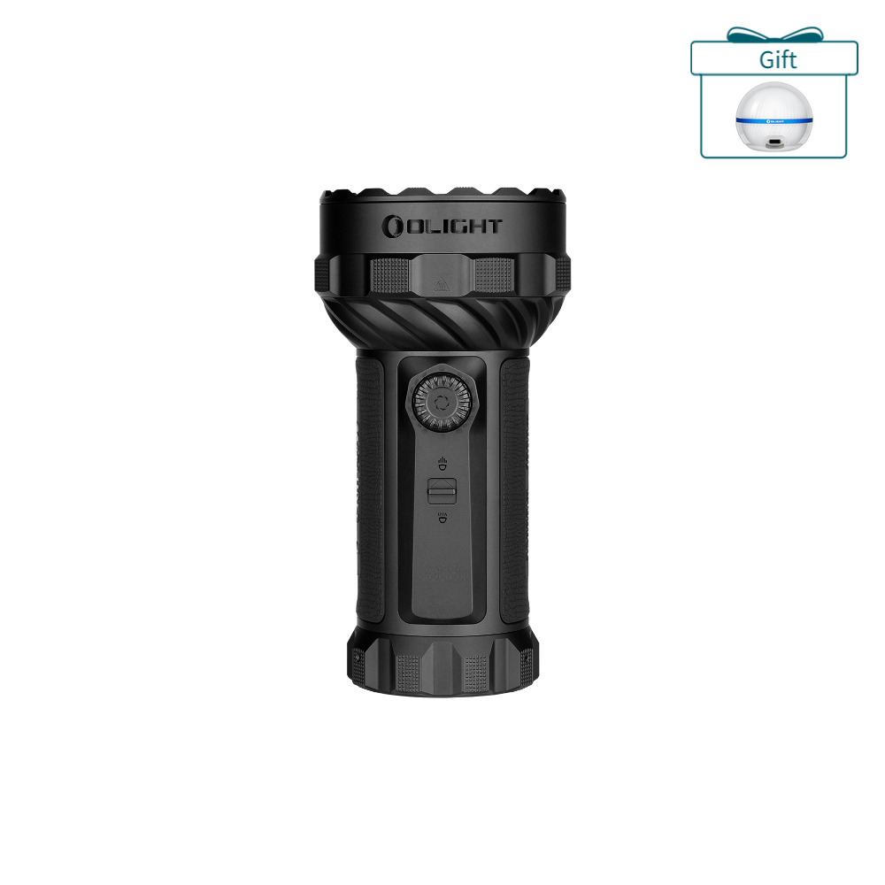 Olight black heavy duty tactical flashlight with textured grip and rotary switch, includes a free ball light gift offer