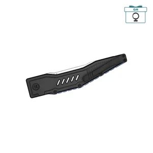 Folded black tactical pocket knife with a textured handle and pocket clip on a white background