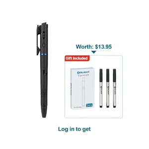 Black Olight O-pen with blue accent, textured grip, and pocket clip, bundled with a 3-pack O-gel ink refill gift