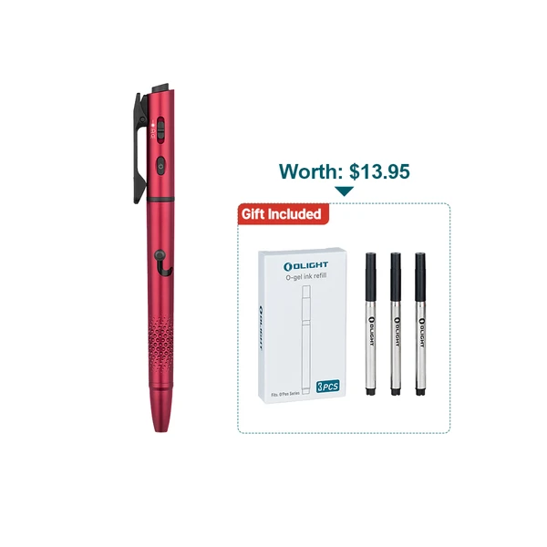 Red tactical pen with a textured grip and a black clip. Comes with an Olight O-gel ink refill gift pack.