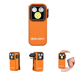 Olight Orange Oclip Pro S front view with floodlight and red/UV lights for hands-free illumination and versatile applications.
