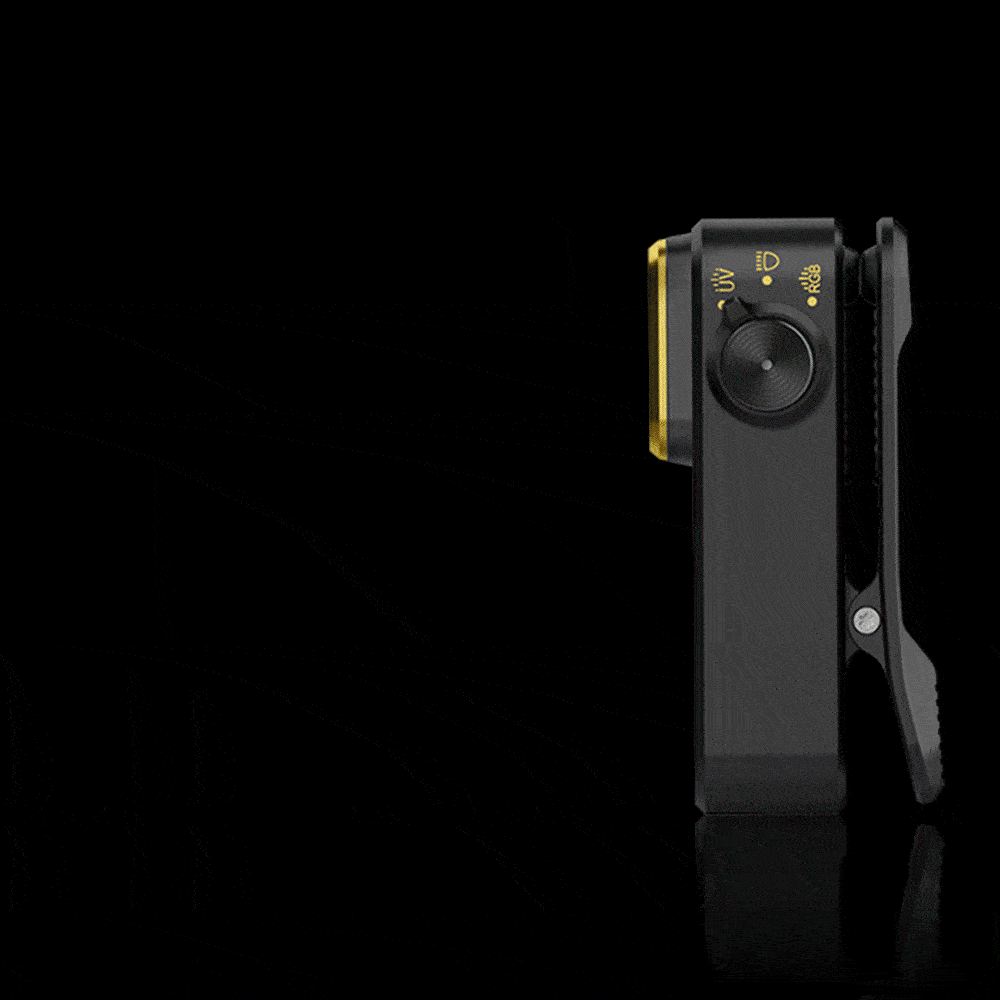 Olight black Oclip Pro S side view with UV, white light, and RGB functions for versatile illumination