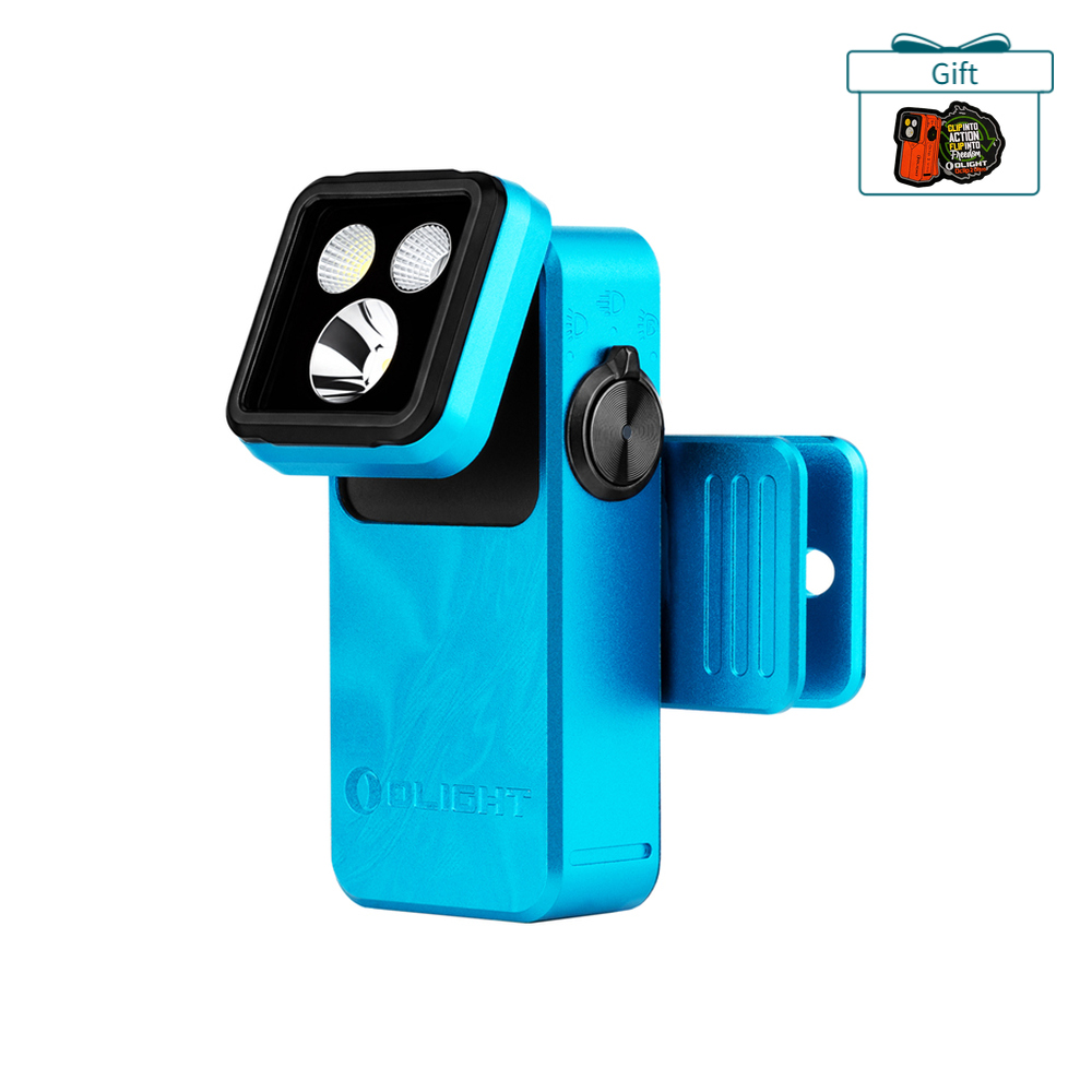 Olight Blue Oclip 2 Pro Clip-on Light Side View with Adjustable Tilting Head and Pocket Clip for Hands-free Outdoor Use
