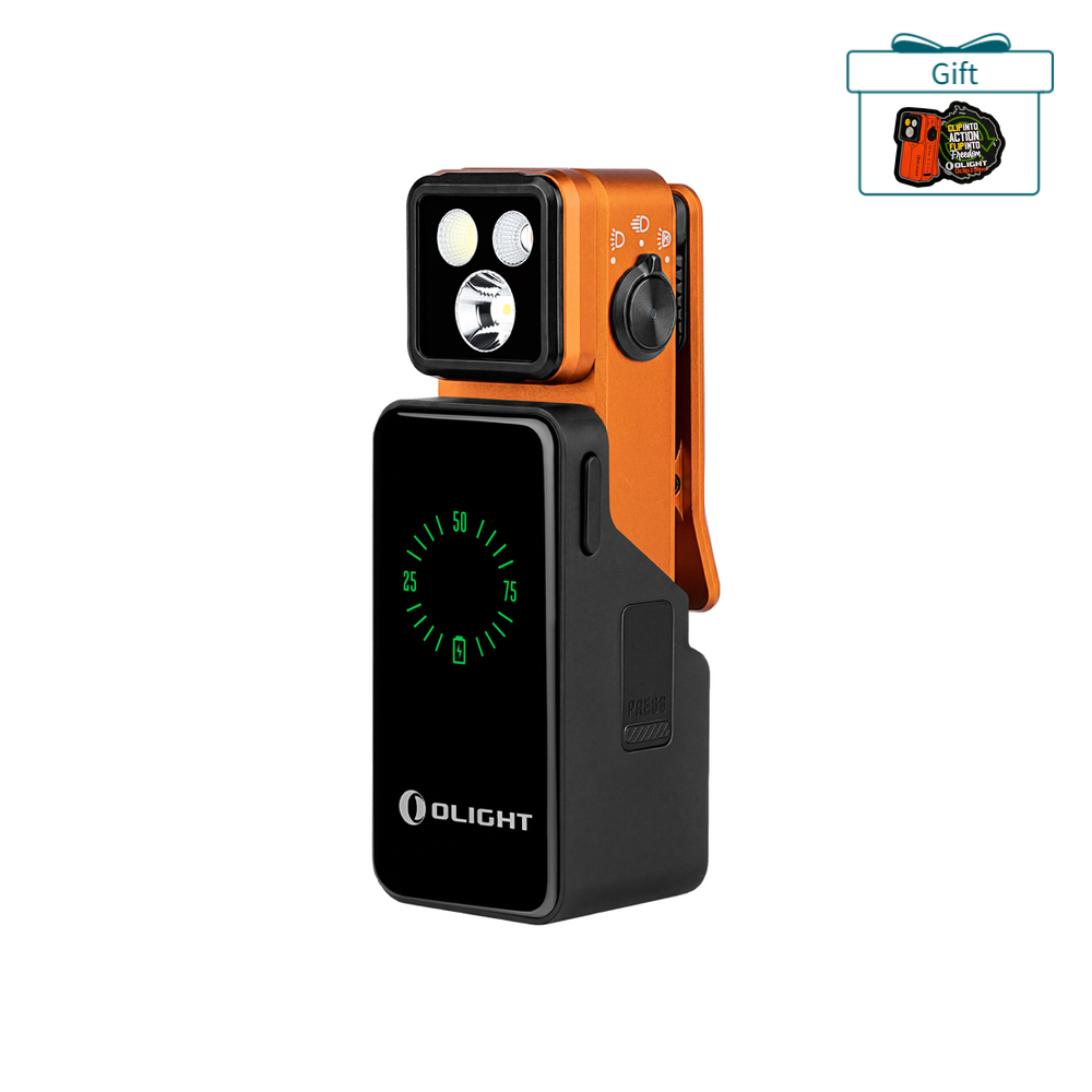 Orange Olight Oclip 2 Pro Clip-on Light with Digital Battery Display and Triple LED Lens for EDC and Outdoor Gear