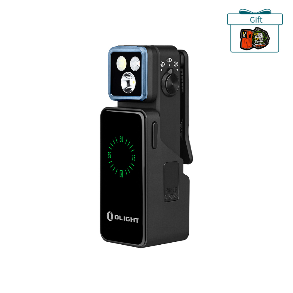 Olight Black Oclip 2 Pro Clip-on Light Side View with Green Battery Indicator and Triple LEDs for Everyday Carry