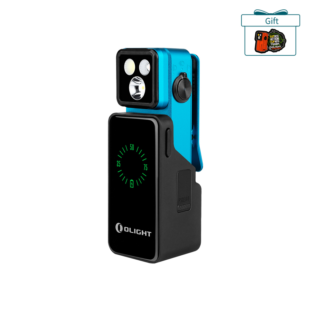 Blue Olight Oclip 2 Pro Clip-on Light in Black Charging Case with Digital Battery Indicator for Hands-Free Lighting