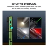 Green pen light with switches showcasing green beam, tip light, white clip light, and red clip light functions.
