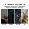 Green 4-in-1 multifunctional penlight showing pen tip light, green laser beam, pen clip light, and writing pen features