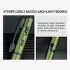 Green tactical penlight showing bolt action switch and buttons for clip light, tip light, and green laser beam.