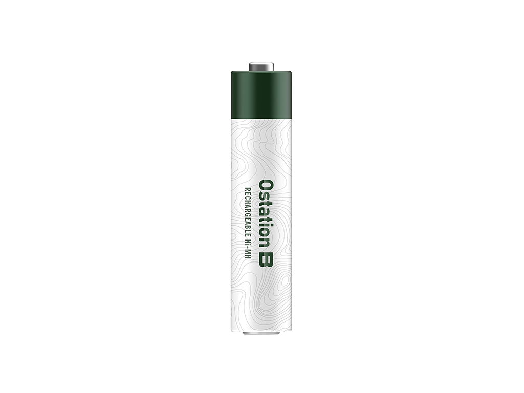 Ostation B rechargeable Ni-MH AA battery with green and white topographic design isolated on white background