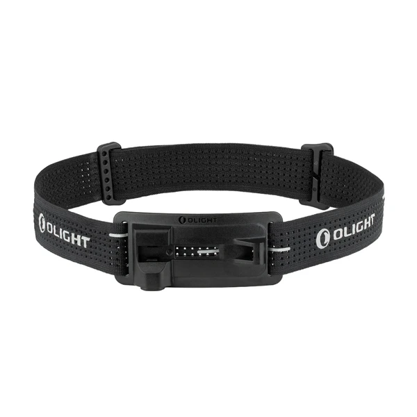 Olight Black adjustable headlamp strap mount for Perun 3 Mini, enabling hands-free use.
