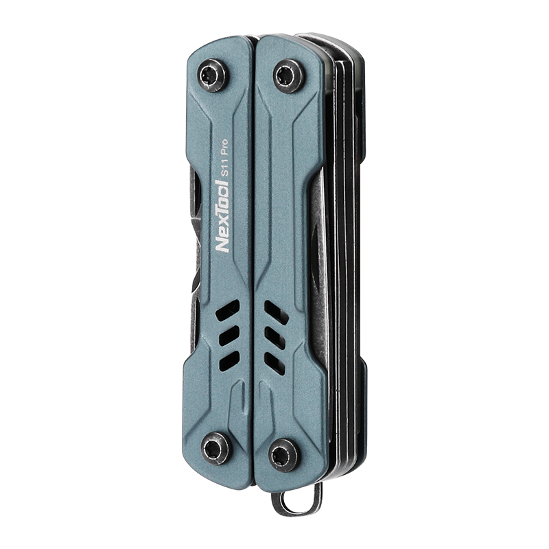 NexTool S11 Pro compact folding multi-tool in blue-grey color on black background