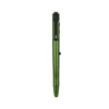 Metallic green tactical pen flashlight with textured grip and pocket clip isolated on white background