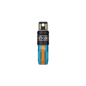 Olight imini 2 blue and orange rechargeable keychain flashlight with integrated USB plug isolated on white background