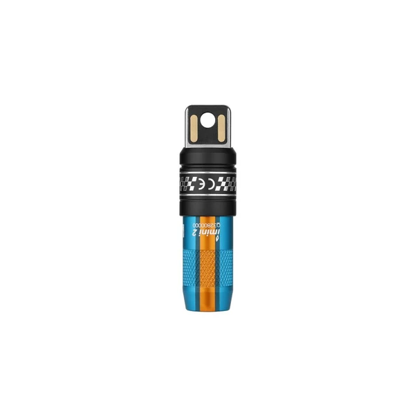 Olight imini 2 blue and orange rechargeable keychain flashlight with integrated USB plug isolated on white background