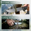 Sharp outdoor knife cutting paracord and slicing wood chips with a precision ground edge during survival training