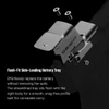 Osight red dot sight showing flush-fit side-loading battery tray and mounting screws on black background