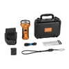 Orange Olight flashlight kit with hard carrying case, holster, charging cable, wall adapter, and lanyard on white background